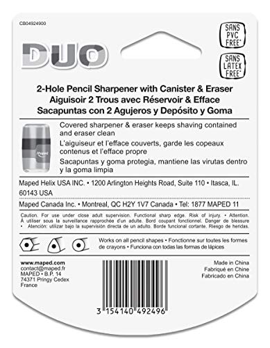 Maped Connect DUO 2 Hole Sharpener / Eraser Combo, Assorted Colors (049249)
