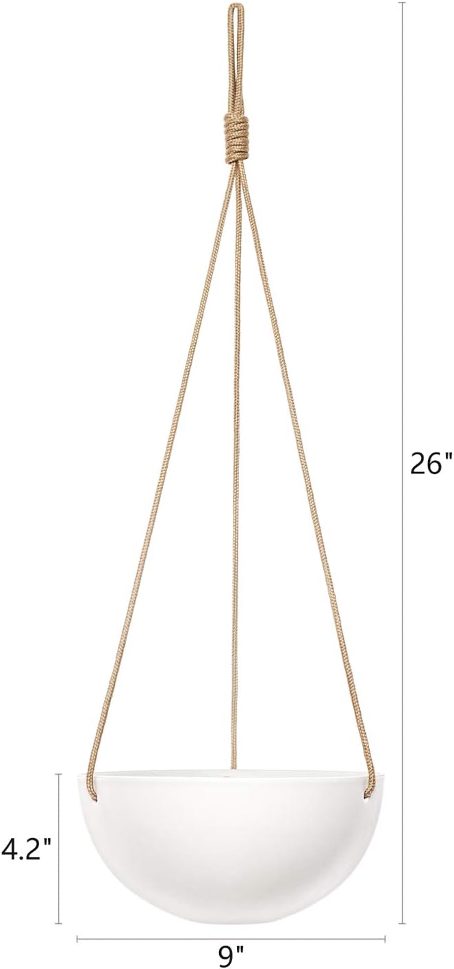 Mkono 9 Inch Ceramic Hanging Planter Indoor Outdoor Modern Round Flower Plant Pot White Porcelain Hanging Basket with Polyester Rope Hanger for Herbs Ferns Ivy Crawling Plants, Set of 2: Garden & Outdoor