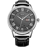 SONGDU Men's Day Date Dress Watches Black with Roman Numeral and Leather Strap