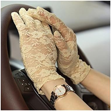 ICOOLYI Women's Short Lace Wrist Gloves for Wedding Prom Party&amp;Driving (2 pairs pack) (Beige)