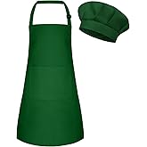 BOUBONI Kids Apron and Chef Hat Set Adjustable Child Art Aprons with 2 Pockets Toddler Chef Hat and Apron for Cooking Baking Painting (Dark Green)