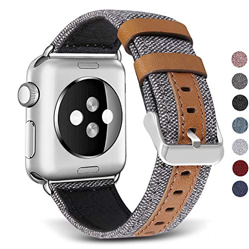 SKYLET Compatible with Apple Watch Band 42mm 38mm Series 5 Series 4 44mm 40mm Leather Band, Canvas Fabric Leather Wristbands Compatible with Apple Watch Series 3 2 1 Men Women Black
