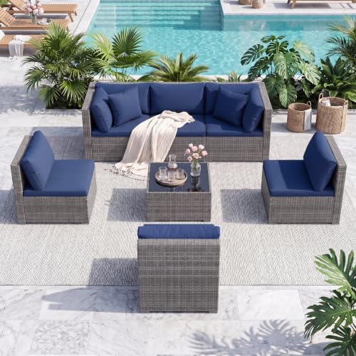 Tangkula 7 Pieces Wicker Patio Furniture Set, Outdoor Sectional Rattan Sofa Set with Seat & Back Cushions, Pillows, Coffee Table, Modular Conversation Set for Backyard, Poolside, Deck & Garden (Navy)