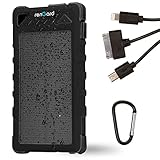 RenGard Solar Powered Charger 8000mAh - Outdoor Portable Power Bank - Dual USB Port and LED Flashlight - Rain-, Dust-Proof and Shock-Resistant - Drawstring Pouch Bag and 3-in-1 Cable - Black&Black