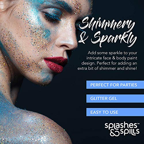 Body Glitter Paint Gel - 7 Color Costume Set for Women, Girls - 10 ml Tubes Holographic Shimmer Effect for Hair, Body, Face - Great for Festival, Costume Party, Halloween - by Splashes and Spills