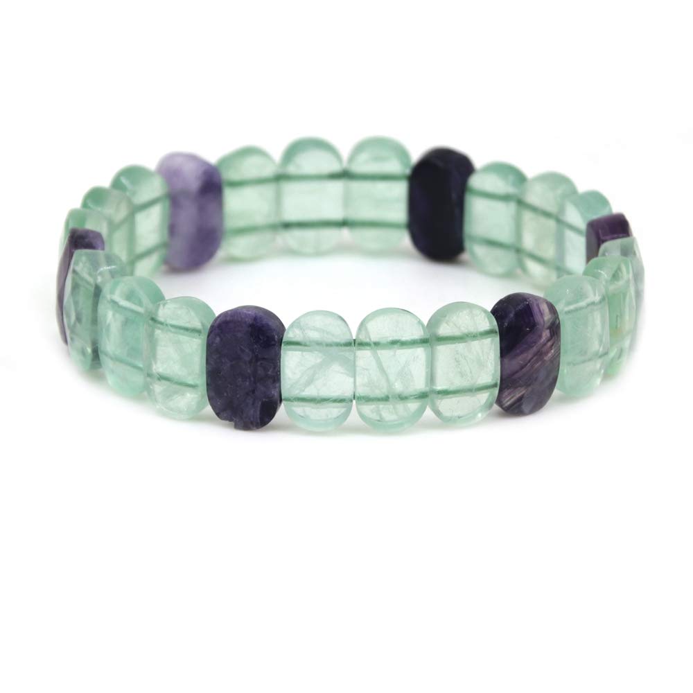 CHENYUE Natural Rainbow Fluorite Gemstone 14mm Faceted Oval Beads Stretch Bracelet 7.5 Inch Unisex
