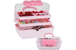 Huniupore Hair Accessories Organizer for Girls Headbands, Clips, Ties Baby Girl Supplies, Lockable Three-layer Folding Craft Organizers and Storage Plastic Jewelry Box,10.8 * 5.9 * 5.7in (Pink)