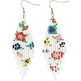 SHINUS BOHO Flower Black Beaded Long Tassel Western Native American Earrings For Women Dangling