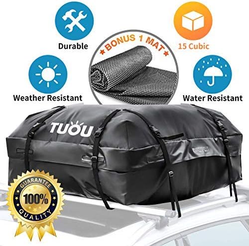 TUOU Car Rooftop Cargo Carrier Bag Waterproof (15 Cubic Feet), Roof Carrier with One Bonus Protective Mat, Soft-Shelf Luggage Storage Bag Extra Space for Car with Racks, Suitable for Vans/RAV/SUV