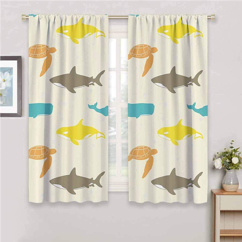 GUUVOR Sea Animals Decor Room Darkened Heat Insulation Curtain Pattern with Whale Living Room W42 x L84 Inch Shark and Turtle Aquarium Decorative Doodle Style