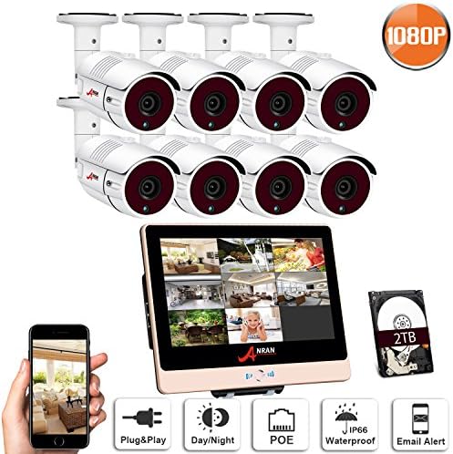 ANRAN POE Security Camera Systems, 8 Channel POE Surveillance Video Security System with 8CH 12 Inch LCD Monitor 2.0 Megapixel Outdoor Waterproof Cameras, Freely Remote view, P2P, Built-in 2TB HDD