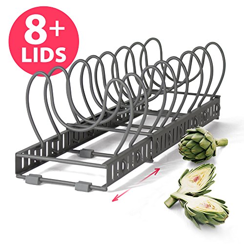 BTH Expandable Lid Holder: Total 8 Adjustable Compartments, Stores 7 or 8+ Lids, Can Be Extended to 22.25", Cookware Pan Pot Lid Holder (BTH Lid Holder)