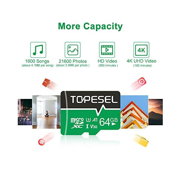 TOPESEL 64 GB Micro-SD-Karte Speicherkarten U3 V30 Micro SDXC UHS-I TF Karte für Cemera/Drohne/Dashcam (1 Pack U3 A1 V30… – Bild 4