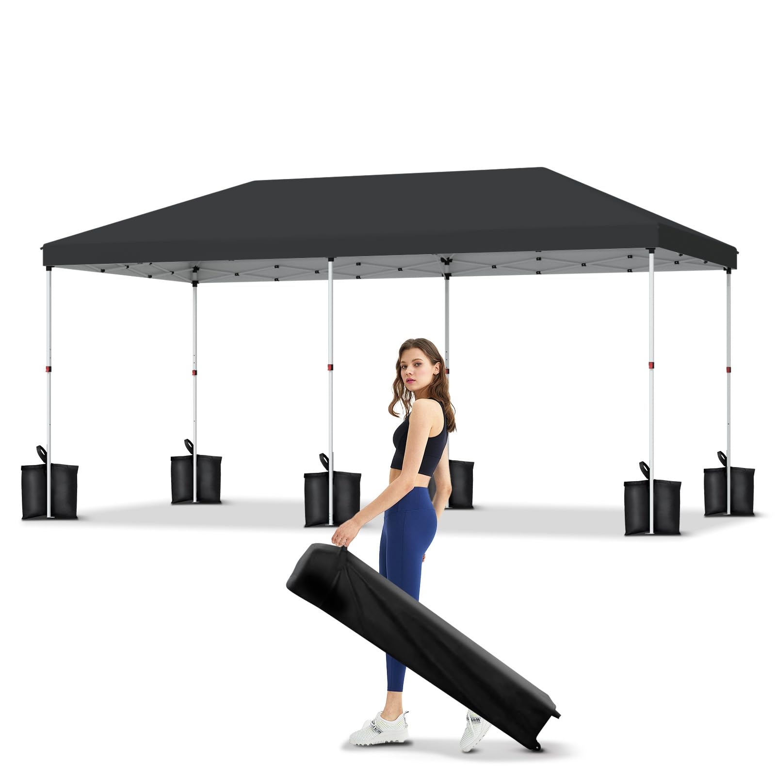 Photo 1 of 10x20 Pop Up Canopy - Easy Up Camping Tent with One Roller Bag, 3 Adjustable Height, 4 Weight Bags for Deck, Garden, Sports, Beach, Party - Black