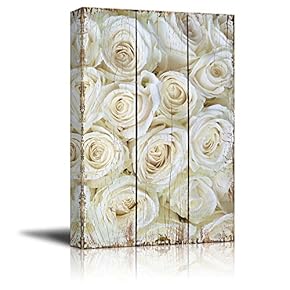 Field of Delicate White Roses Over Scratched Wooden Panels - Nature - Canvas Art Home Art - 12x18 inches