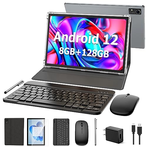 Android Tablet 10 inch, Android 12 Tablet, 8GB RAM 128GB ROM,1TB Expand, 5G WiFi, 4G/LTE, Bluetooth, 8000mAh Battery, Google Certified, 2 in 1 Tablet with Keyboard, Mouse, Case, Stylus(Black)