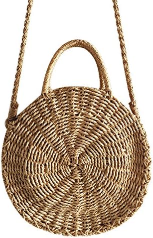 Women Woven Round Rattan Straw Bag Bali Bohemian Beach Circle Bag ,Light Brown,Small