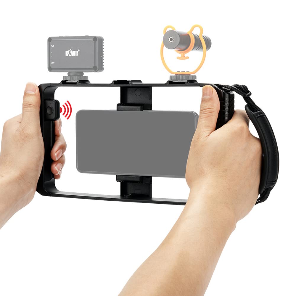 KIWIFOTOS Smartphone Video Rig Hand Grip Stabilizer Cage with Wireless Remote & Strap for Videomaker Vlog Compatible with iPhone 13 12 11 XS X XR 8+ 8 7+ 7 6S+ 6S Galaxy Mate MI Width Phone 55-90mm