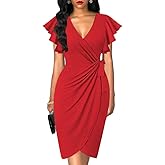 oten Womens Deep V Neck Ruffle Sleeve Sheath Casual Cocktail Party Work Faux Wrap Dress