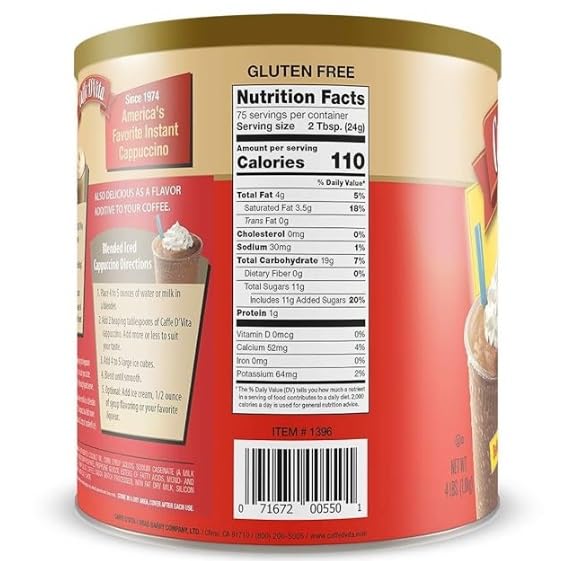Gluten-Free Instant Mocha Cappuccino Mix - Rich Creamy Flavor, 99% Caffeine Free, No Trans Fat or Cholesterol - 4 lb Can (64 oz)