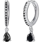 Dainty Dangle Hoop Earrings with Baguette CZ for Women Girls, Sterling Silver Small Huggie Earring with Cubic Zirconia Charm
