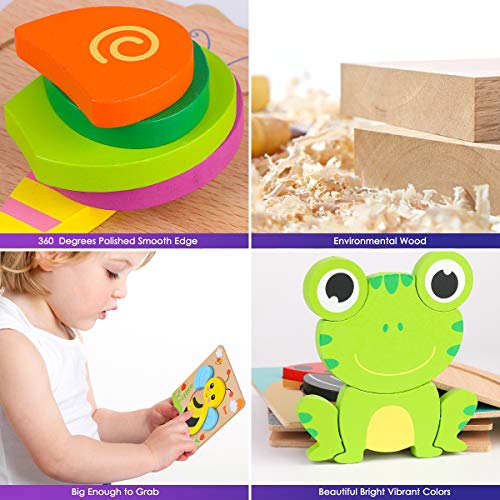 VSATEN Toddlers 3D Wooden Jigsaw Puzzles, Early Education Learning Toys Gifts Outdoor Indoor Toy with 8 Colorful Animals Patterns Safe Bright Shapes for Girls Boys 1 2 3 Years Old Kids (8 Packs)
