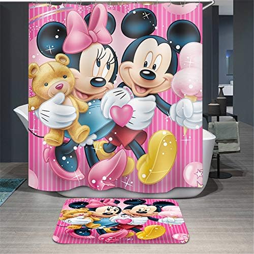 Youni Dream Disney Mickey Mouse and Minnie Mouse 71" x 71" Fabric Shower Curtain,Winnie The Pooh Cartoon,Pink Bear Micky and Minnie eat Suger Shower Curtain Set with 12 Hooks and Easy Clean (9)