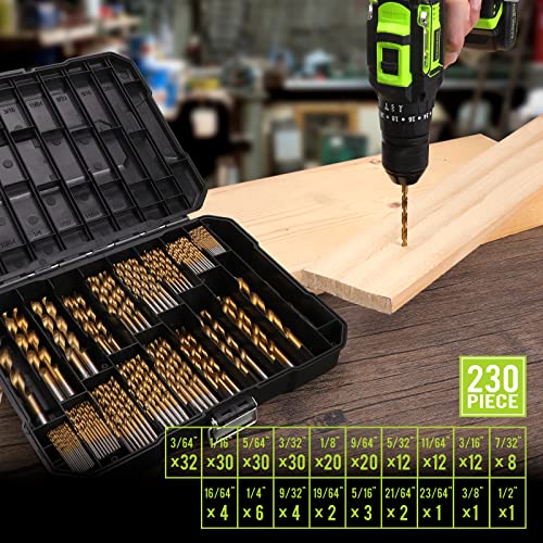 COMOWARE 230 Pcs Drill Bit Set for Wood & Metal Titanium Wood Drill