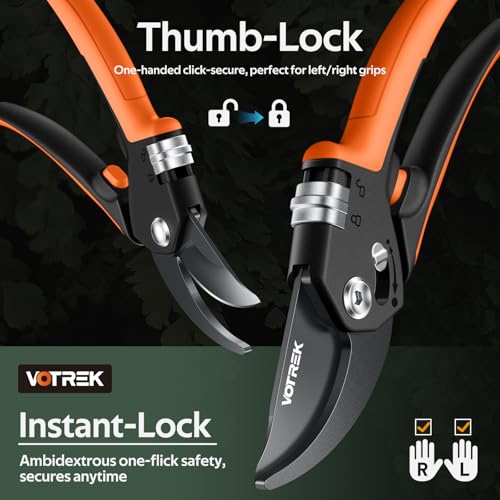 VOTREK® 8.5" Garden Secateurs for Weak Hands, Professional Bypass Pruner | Patented Stepless Handle, Japanese SK5 Blades, Heavy Duty Pruning Shears, Gardening Scissors for Grass, Branches & Stems