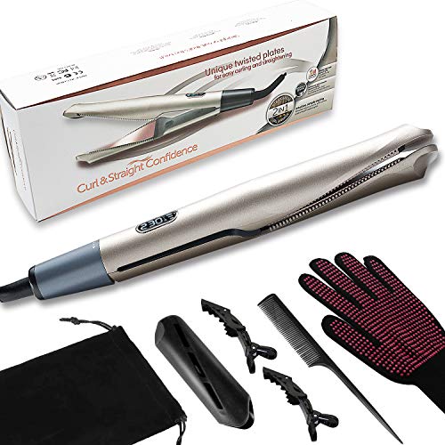 Professional Hair Straightener, 2 in 1 Straightener and Curling Flat Iron for Hair Styling, Tourmaline Ceramic Twist Straightening Irons, LCD Display Dual Voltage High Temperature 210Â¨H-450Â¨H, 1" Gold