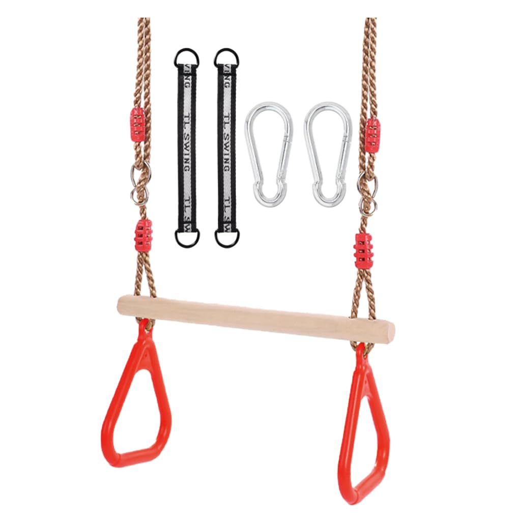 Trapeze bar,Morwealth Multifunctional Children's Wooden Trapeze Swing with Plastic Rings Gymnastics Rings for Hanging Up to 120 kg for Indoor and Outdoor Use (Red)
