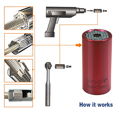 Universal Socket, RKURCK Multi-function 7mm to 19mm Universal Sockets For Metric Wrench Ratchet Power Drill Adapter - Self-Adjusting Professional Repair Tools(Red)