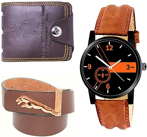 Xforia 3 Pcs Combo of Multicolor RFID Blocking Leather Wallet, Analog Watch & Belt for Man's XF_WBW_332