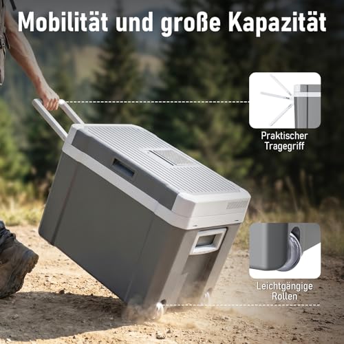 45L Elektrische Kühlbox, Thermoelektrische Auto Kühlbox mit Rollen 12V/230V Kühl & Warm Funktion mit Energiespar-/MAX/ECO-Modus, für Camping, Picknick, Leise