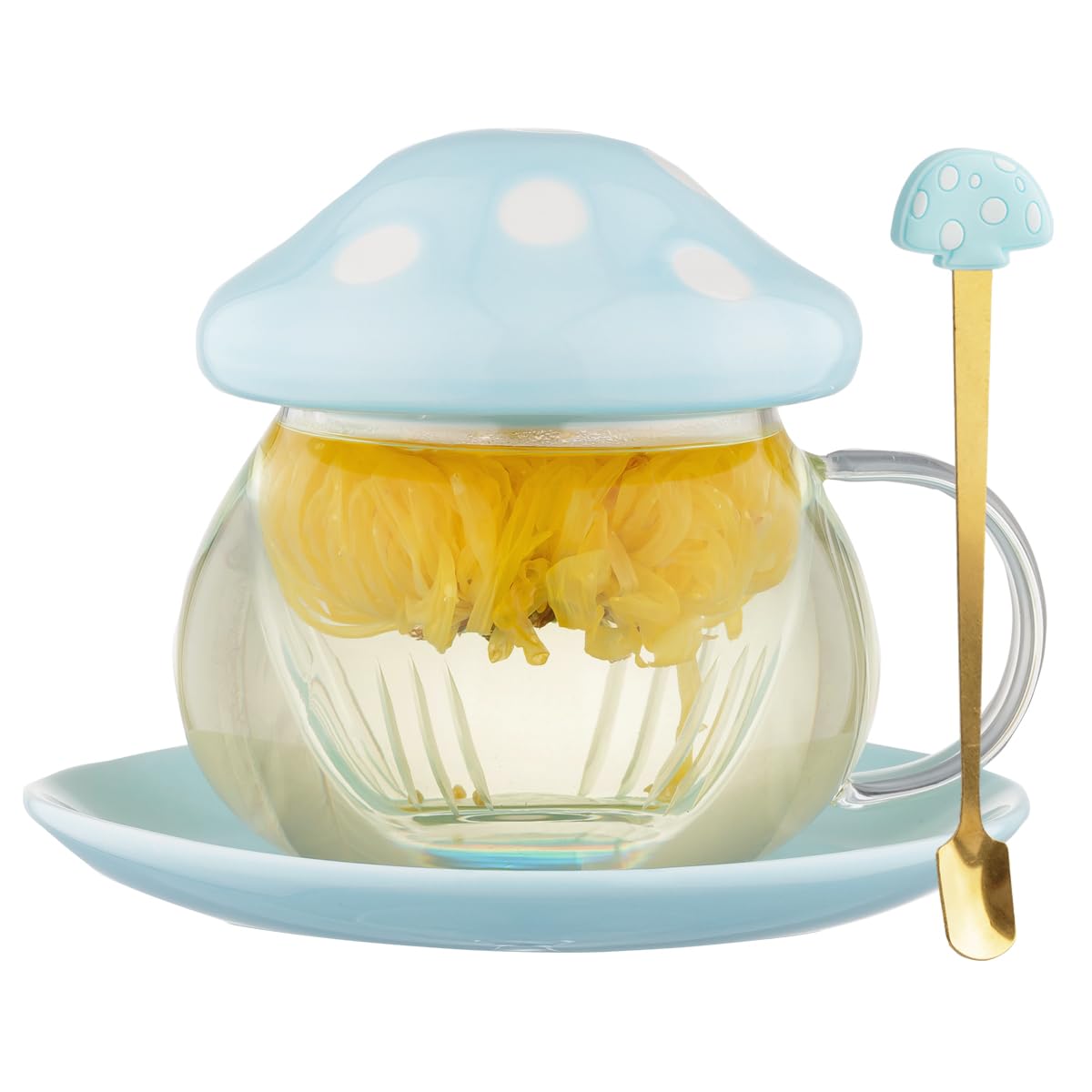 Mushroom Tea Cup Set, Cute Glass Tea Cups and Saucers, Kawaii Tea Cup with Infuser for Loose Leaf Tea Steeper, Coffee Mug Christmas Gifts for Women,Tea Infuser Mug with Lid for Mother Girls (Blue) — image 1