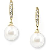 Mariell Gold Pearl Drop Earrings, 8mm Ivory Shell Pearl with French Wire Tops, Gold and CZ Crystal Pearl Earrings for Brides, Wedding or Birthday Gift