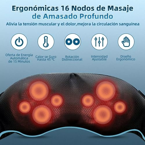 Masajeador de Espalda, Masajeador de Cuello y hombros con Calor para Alivio del Dolor Muscular,Masaje Cuello Shiatsu con 4D Rotación y 3 Velocidades, 8 Cabezales de Masaje,Negro Y Azul