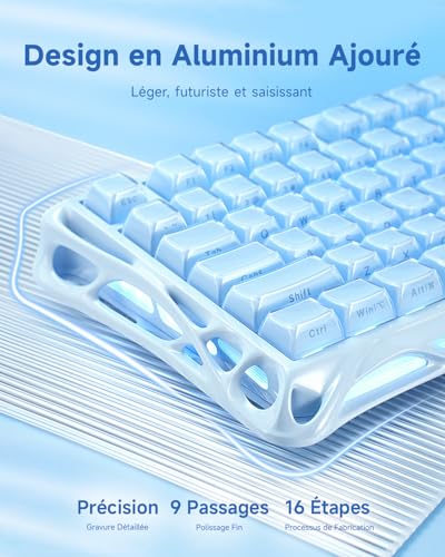 GravaStar Mercury K1 75% Clavier Gaming Blue, Clavier Mécanique en Alliage d’Aluminium, Gasket Mount Hot-Swap, Switchs Linéaires, Rétroéclairage RGB, Sans Fil pour Jeu, Bureau et Cadeaux