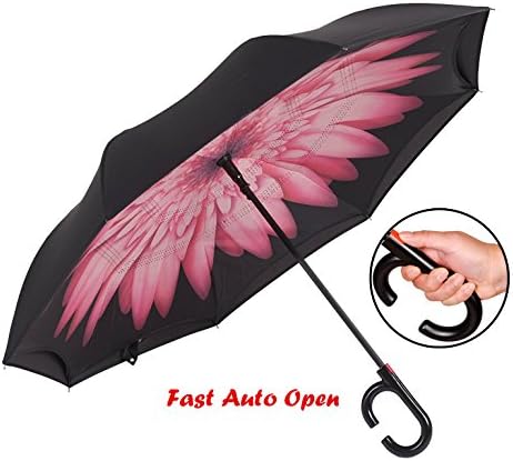 Sopout Creative Automatic Cars Reverse Umbrella Double Layer UV Proof and Windproof Inverted Umbrella Straight Waterproof Outdoor Travel Umbrella (Black - Pink Daisy)