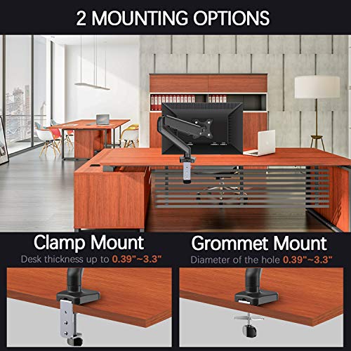 Single Monitor Desk Mount Stand - PUTORSEN Articulating Gas Spring Monitor Arm, Adjustable VESA Mount Desk Stand with Clamp and Grommet Base - Fits 17 to 27 Inch Computer Screens, Hold up to 14.3lbs