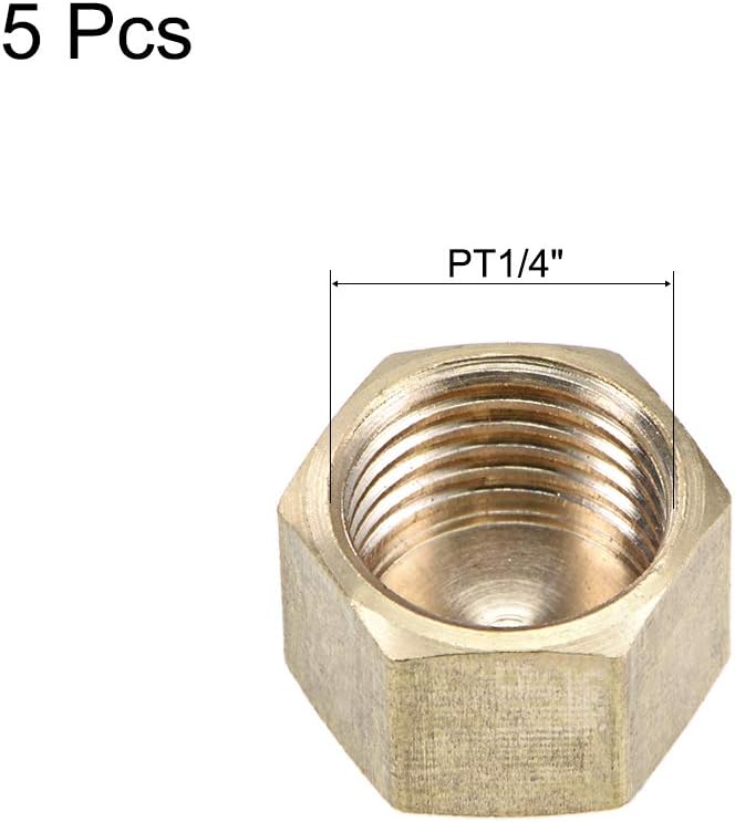 sourcing map Brass Cap 5pcs 1/4G Female Pipe Fitting Hex Compression Stop Valve Connector, Gold, G1/4 - Image 3