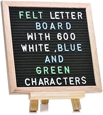 Letter Board: Premium Durable Wood Frame with Mounted Hook for Hanging, Black Felt Board, Letter Bag included - 600 Letters in White, Blue, and Green - Parties, Weddings, Birthdays, Anniversaries