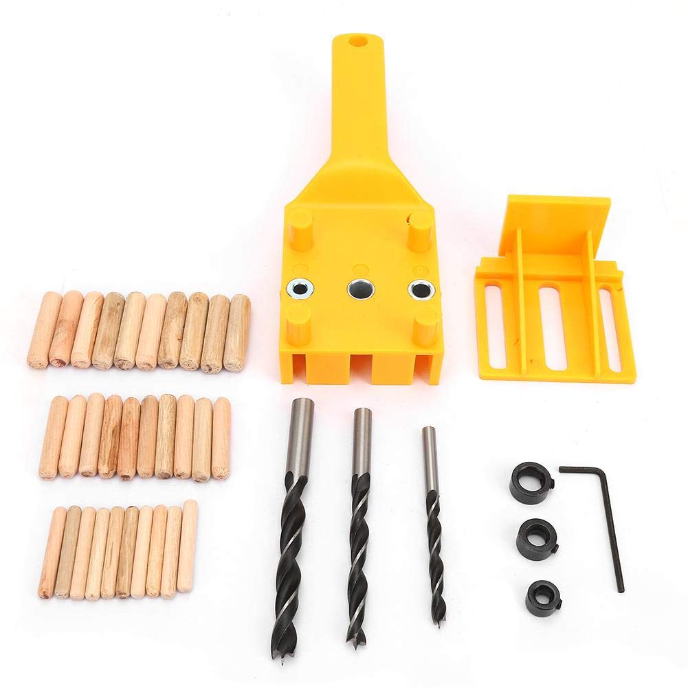 Handheld Doweling Jig Drill Guide Kit, Metal Sleeve Wood Drilling 6mm 8mm 10mm Dowel Hole Adjustable Eage Spacing 0-50mm Woodworking Tool for Door Cabinet (38 Pcs)