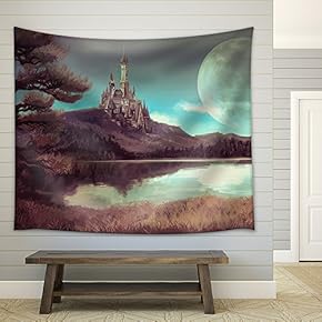 Illustration - Watercolor Fantasy Illustration of a Natural Riverside Lake Forest Landscape - Fabric Wall Tapestry Home Decor - 51x60 inches