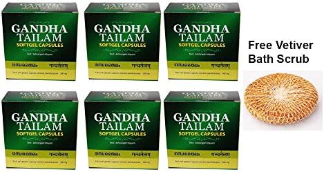 Pack of 6 - Kottakal Arya Vaidya Sala Gandha Tailam Softgel Capsules - 100 Capsules + Vetiver Scrub