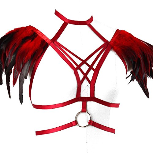 Red Feather Harness Caged Bralette Epaulette Wings Body Crop Top Plus Size Goth Fetish Art Clothing - Thumbnail 2