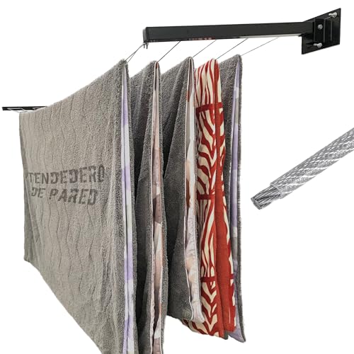 Tendedero de Ropa en Pared con Accesorios de Acero Inoxidable y 5 líneas de Cable de Acero Recubierto de Plástico, Rack para Ropa Grande y Extendible hasta 5 m. Colgador de Ropa Interior y Exterior