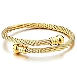 COOLSTEELANDBEYOND Elastic Adjustable Gold Color Stainless Steel Twisted Cable Open Cuff Bangle Bracelet for Men Women
