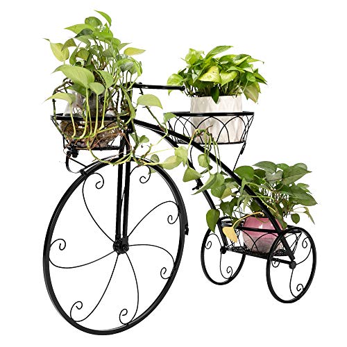 OLYM STORE Metal Plant Shelves Flower Pot Stand Garden Iron Rack 3 Potted Rounded Displaying Plant Holders, Bicycle Shape Black