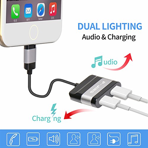 iPhone Lightning Adapter & Splitter, P-JING Headphone Audio & Charge Adapter Cable with Dual Lightning Ports for iPhone 7/ 8/ X Plus and iOS 10 11 (Black) …